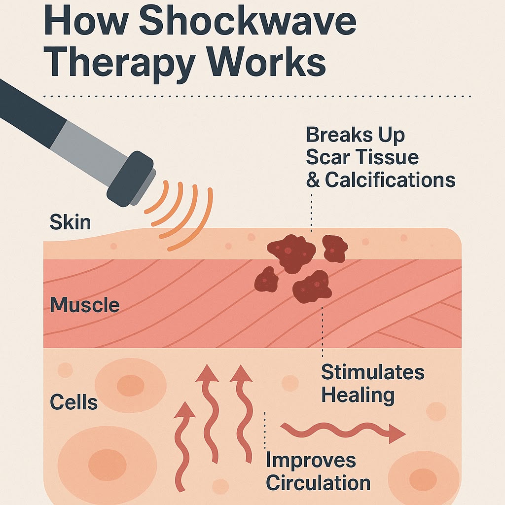 Infographic titled 'How Shockwave Therapy Works' showing a diagram of skin, muscle, and cells with arrows and labels explaining scar tissue breakdown, healing stimulation, and improved circulation.