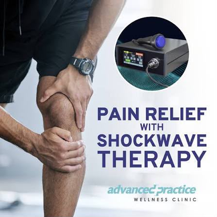 A person holding and pressing on their knee, with an inset showing a shockwave therapy device and large text reading 'PAIN RELIEF WITH SHOCKWAVE THERAPY.' The clinic name 'advanced practice WELLNESS CLINIC' appears at the bottom.