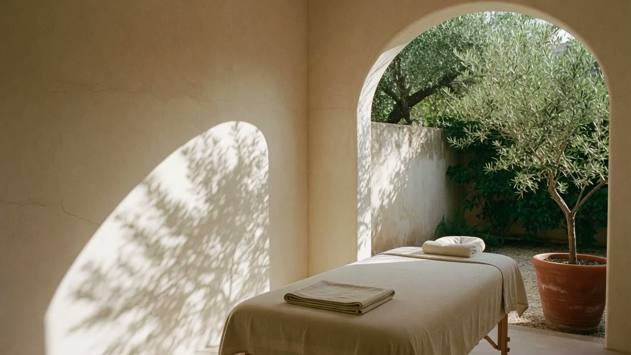 Leaf shadows moving across a calm, sunlit studio room