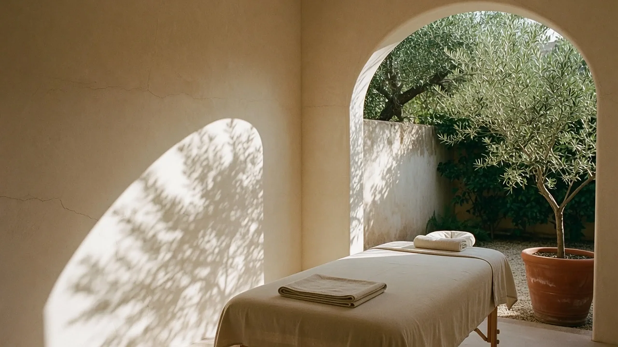 A quiet massage room with a table under a garden archway