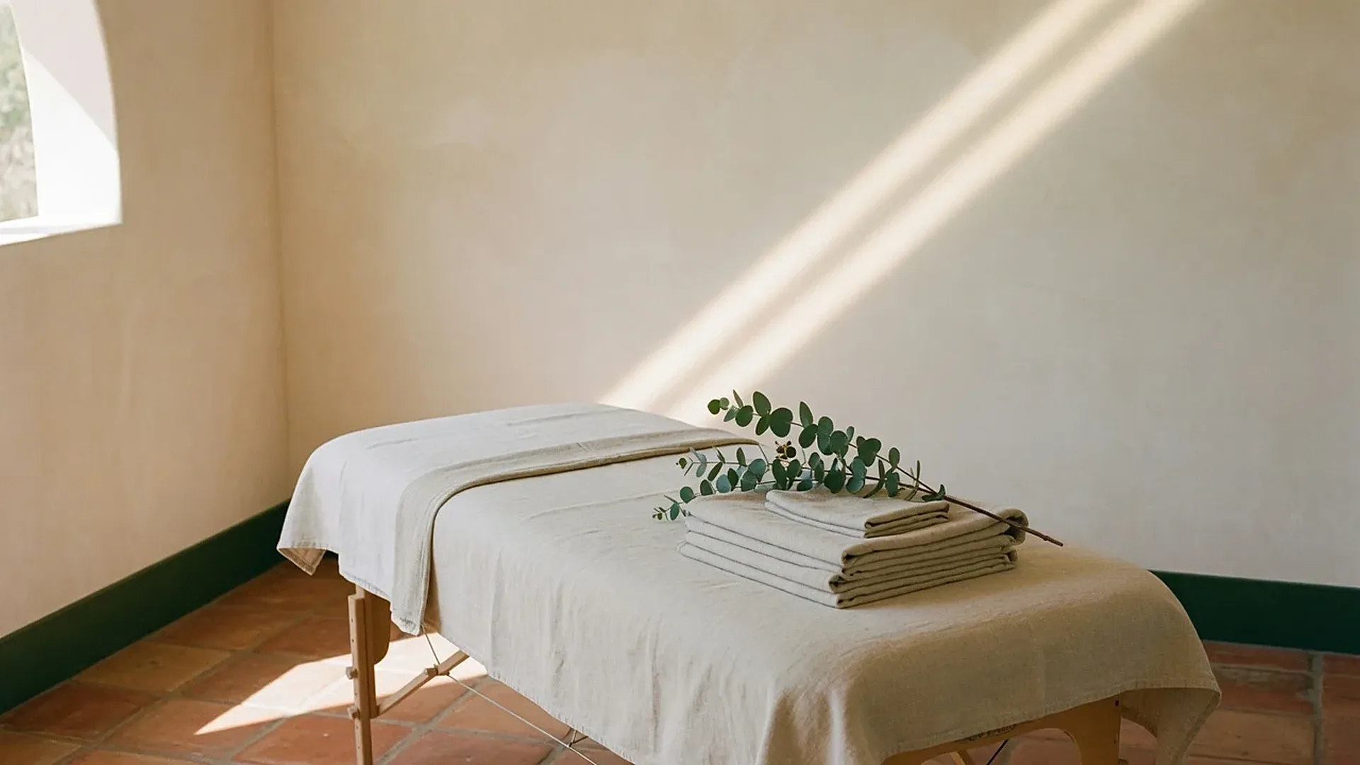 A massage table made up with oat linen and a sprig of eucalyptus in morning sun