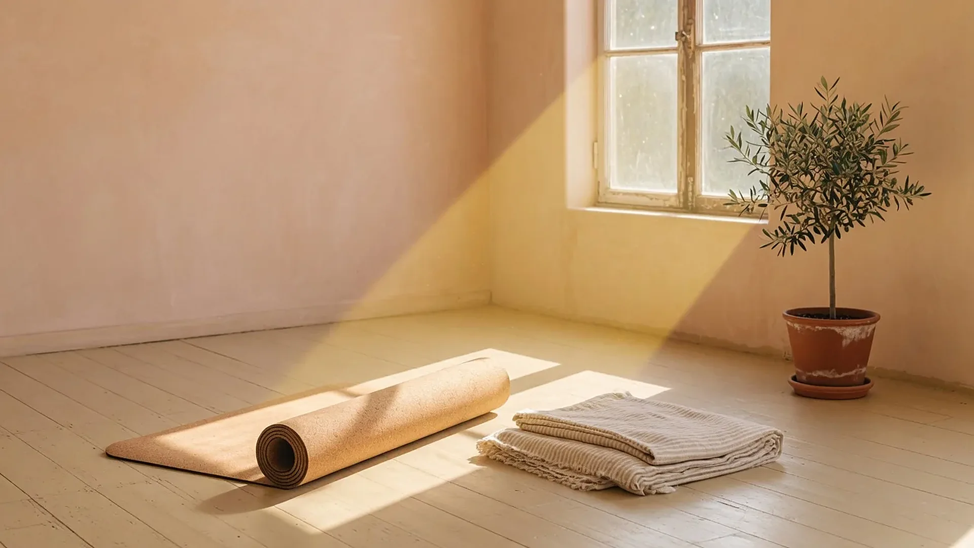 An empty, sunlit movement studio with a rolled mat and folded linen