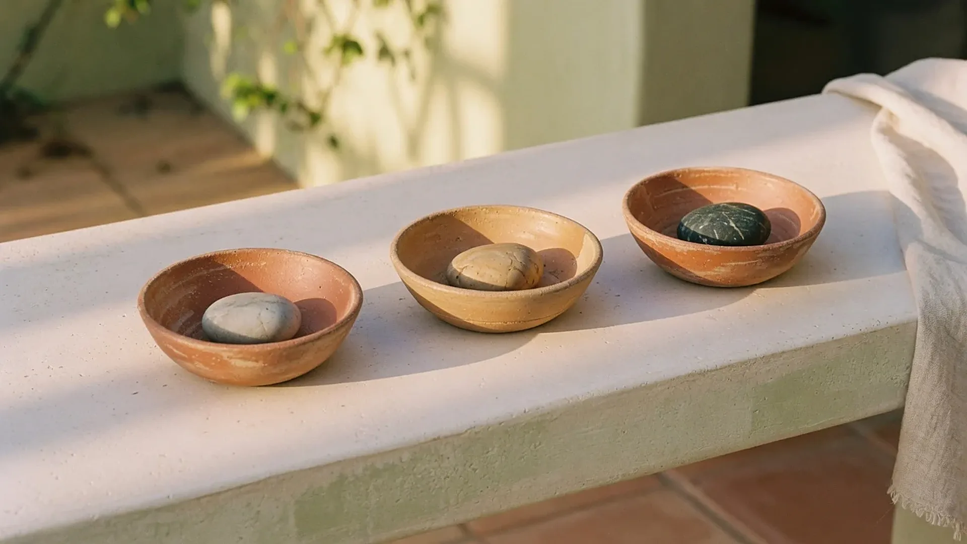 Three ceramic bowls in a row on a plaster ledge in warm afternoon sun